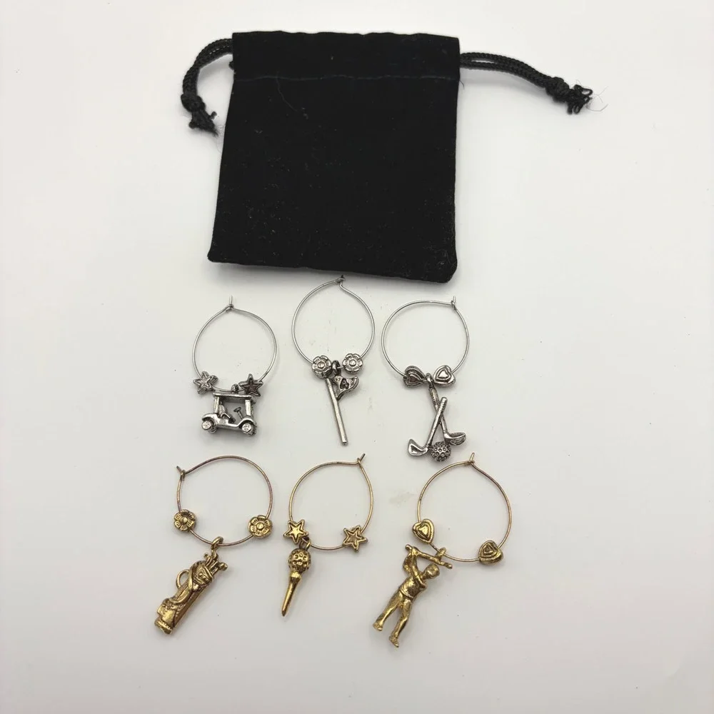 Set of 6 Golf Wine Glass Charms Gold Silver Tone Sports Themed‎ Drink Markers